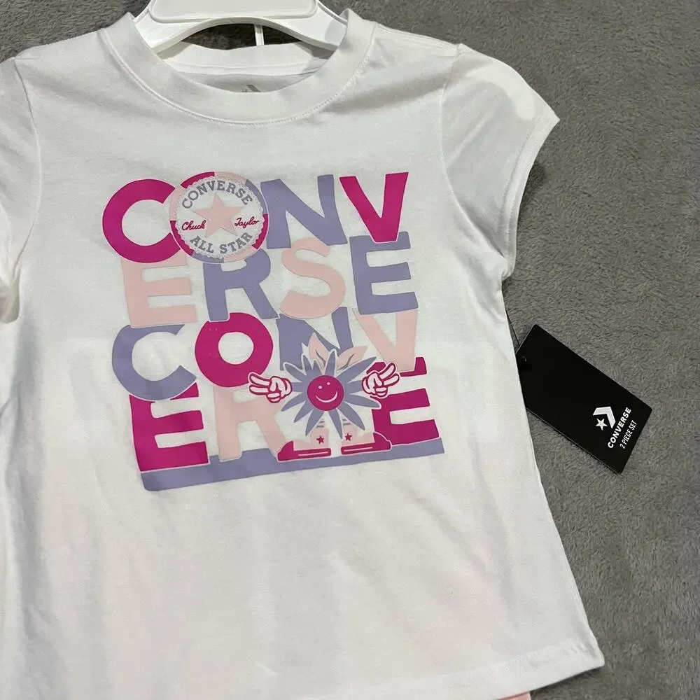 Converse Shirt Shorts Set Girls 6X White Pink All Star 2 Piece Graphic Outfit